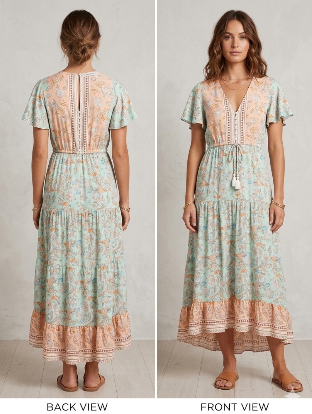 Floral Tiered V-Neck Maxi Dress in Mint and Peach Size Large